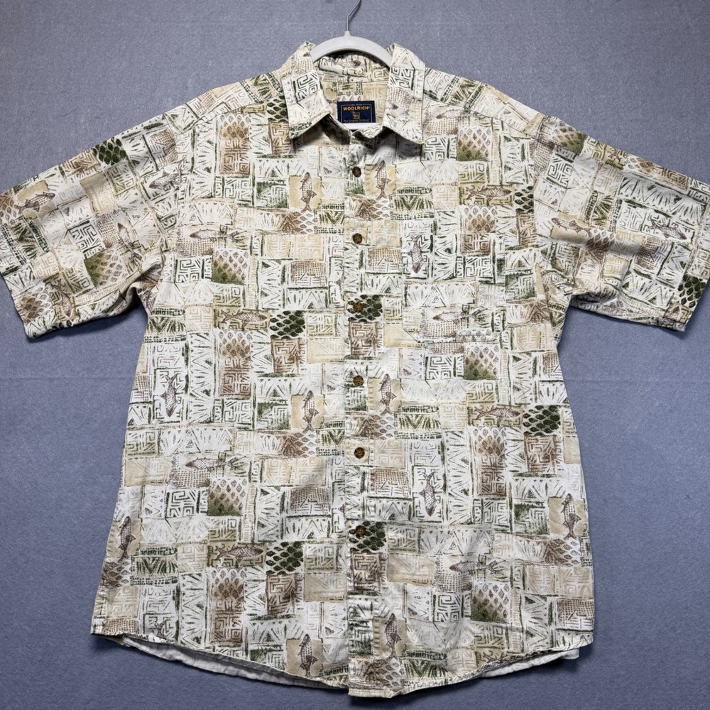 Woolrich Mens Khaki Prim Fish Print Short Sleeve Button Up Shirt Size L